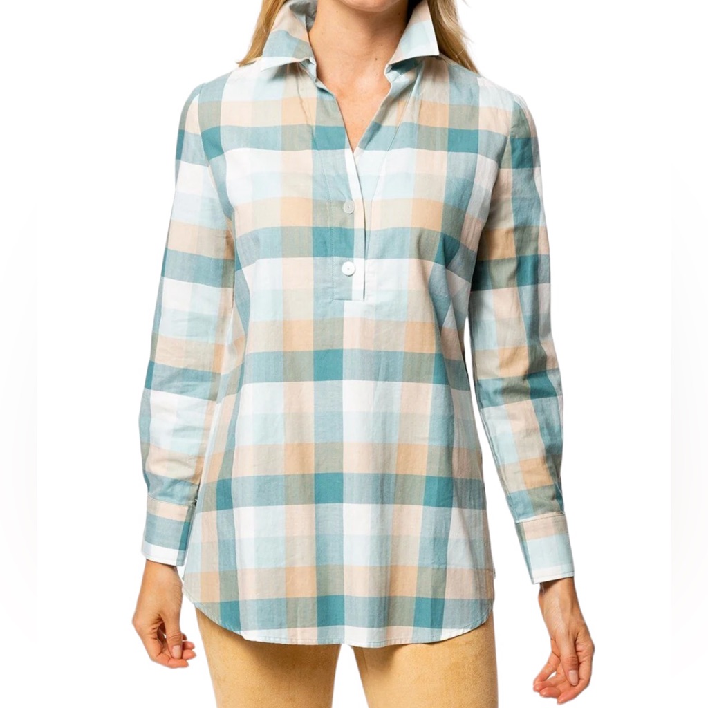 Tyler Boe Peach/Beryl Blue/White Plaid "Teri" Helmsley Tunic M
